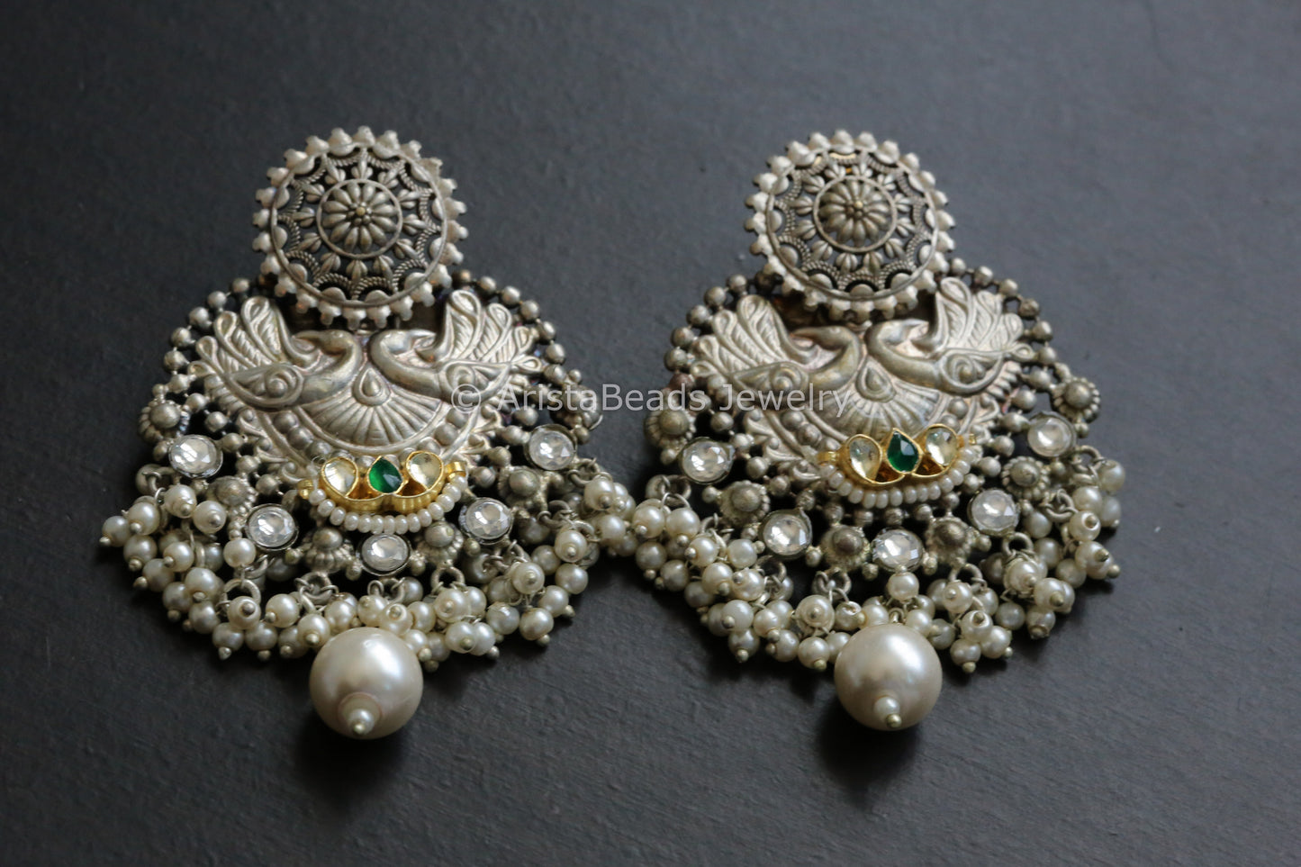 Silver Replica Pachi Kundan Designer Earrings - Emerald