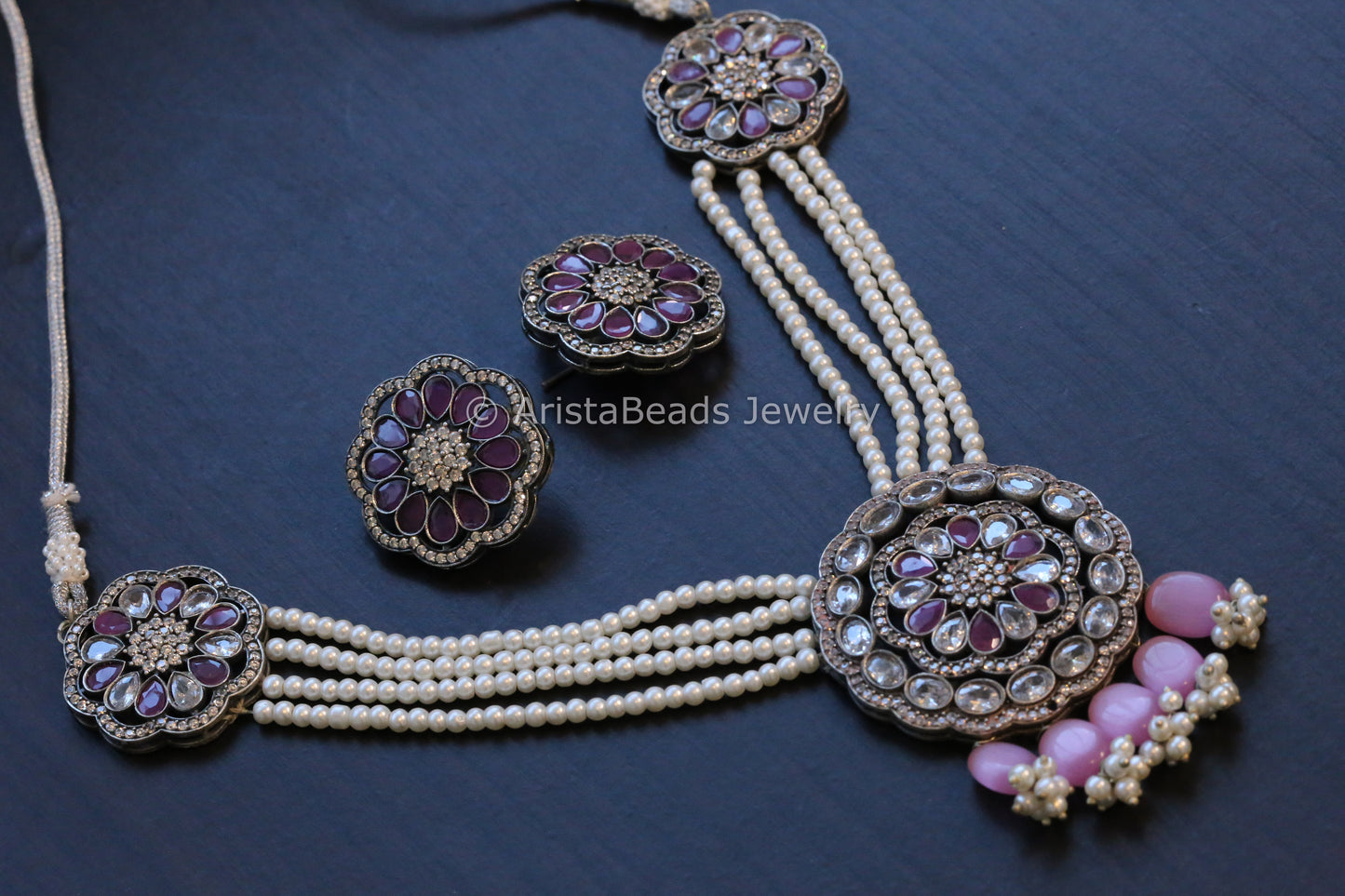 Short Pink Pearl Necklace Set