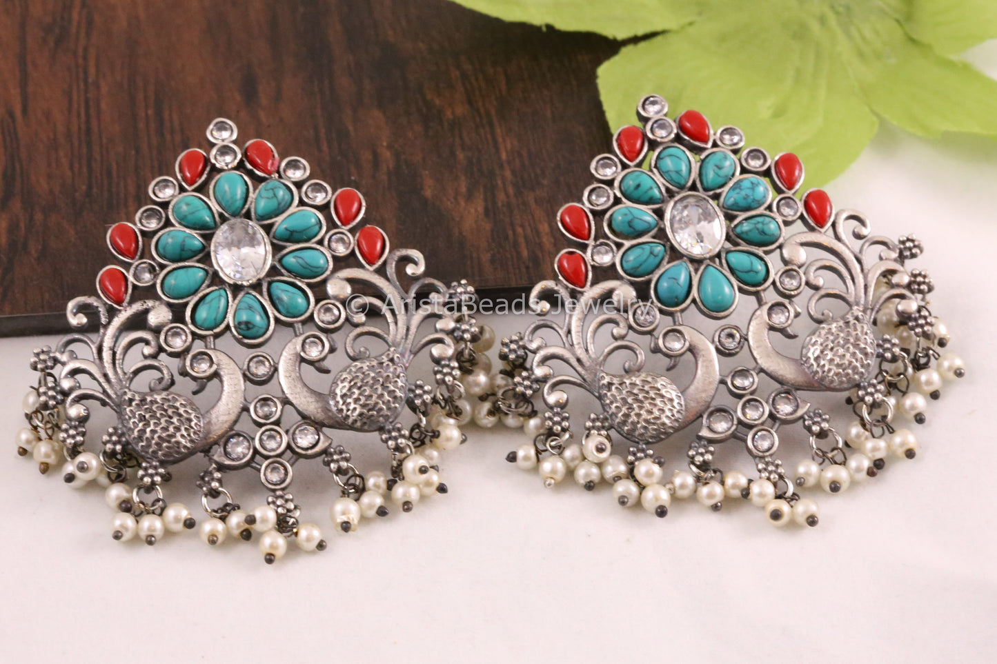 Large Peacock Earrings - Turquoise Coral
