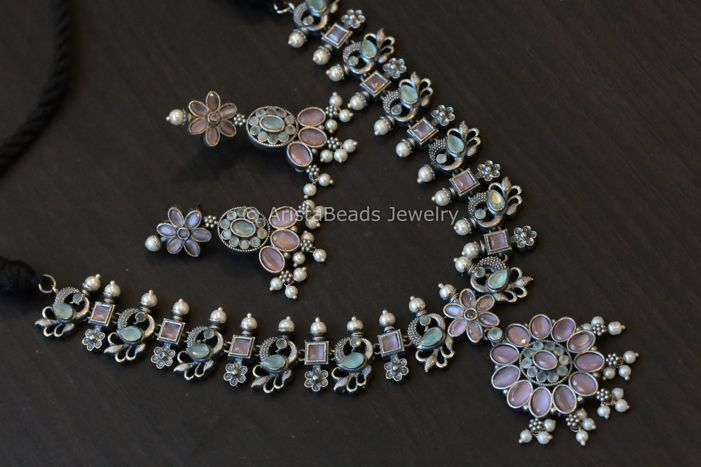 Mint Pink Stone Oxidized Necklace Set