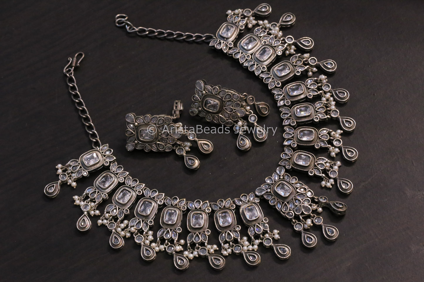 Silver Tone Oxidized Necklace Set - Clear