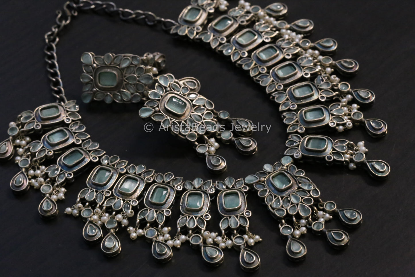 Silver Tone Oxidized Necklace Set -Mint