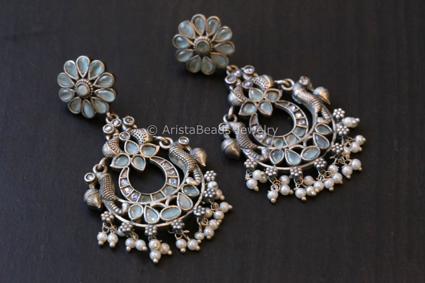 Oxidized Silver Look Chandbaali - Mint