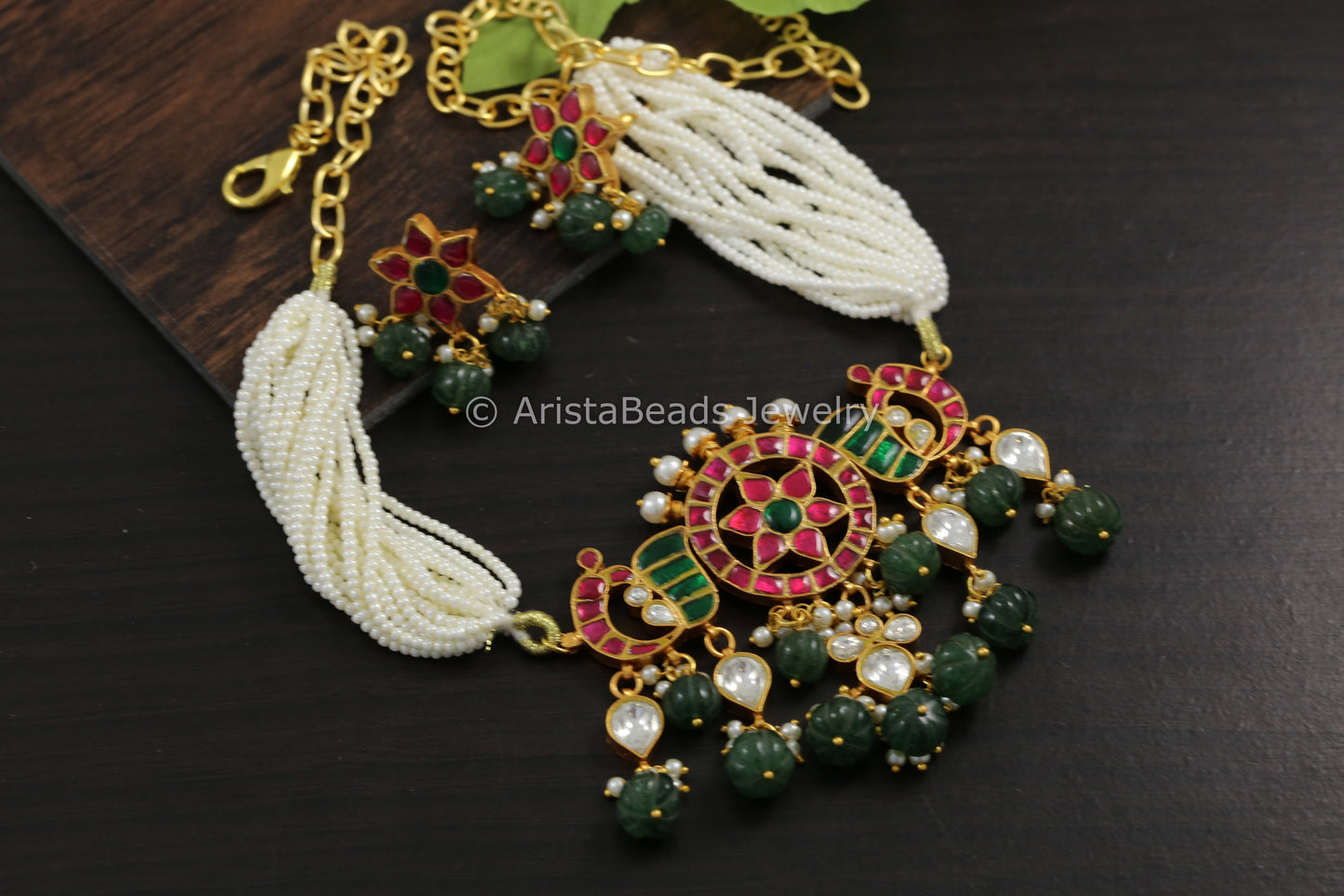 Handmade Jadau Kundan Necklace Choker Set- Fluorite Drops