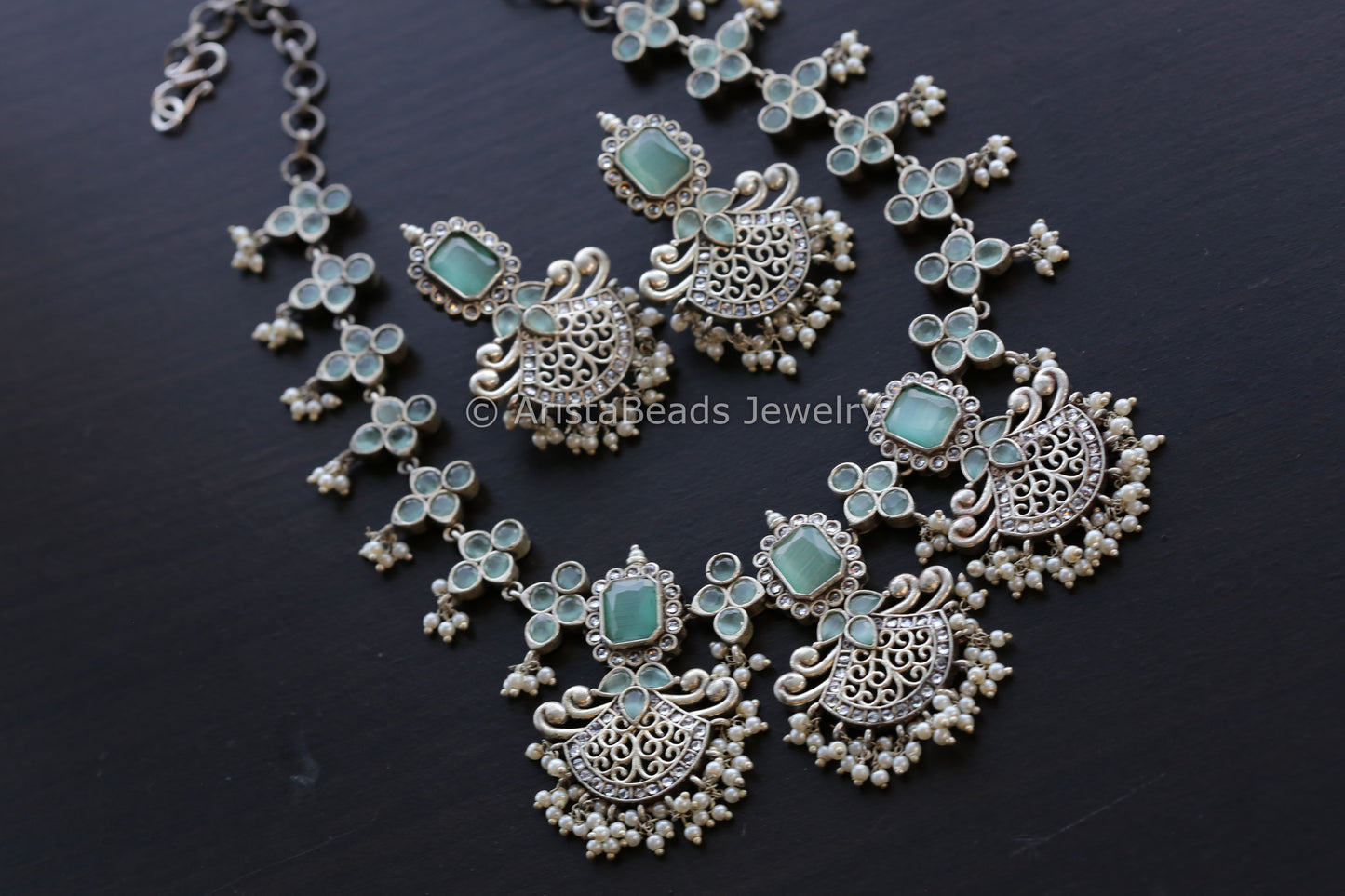 Mint Silver Look Oxidized Necklace Set