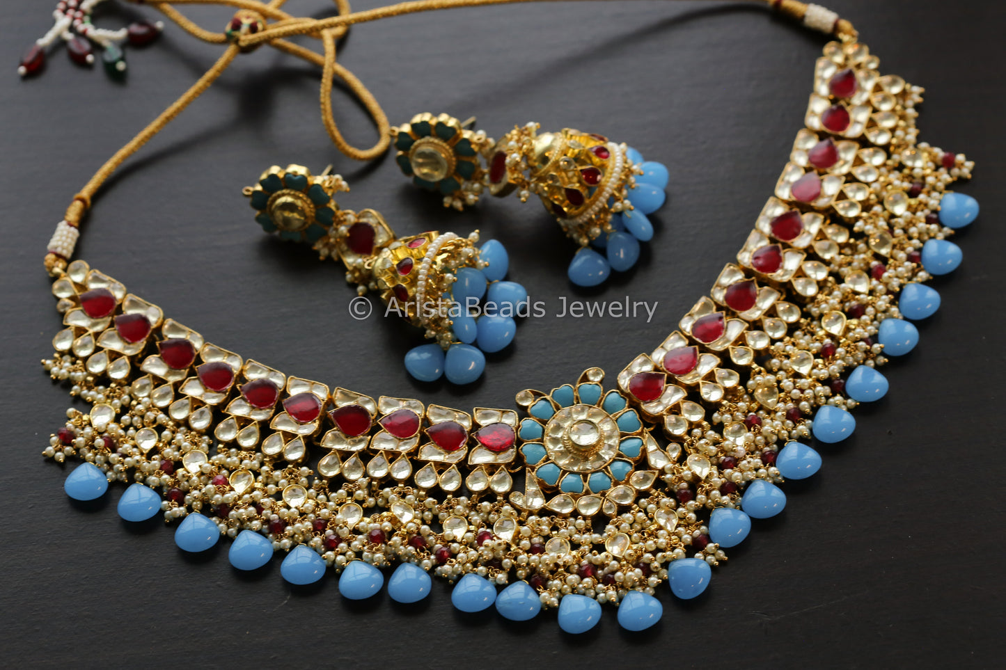 Turquoise Ruby Pachi Kundan Necklace Set