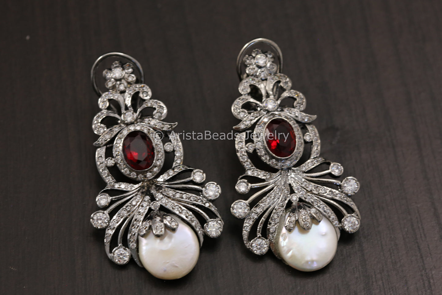 Victorian Baroque Pearl Earrings -Red