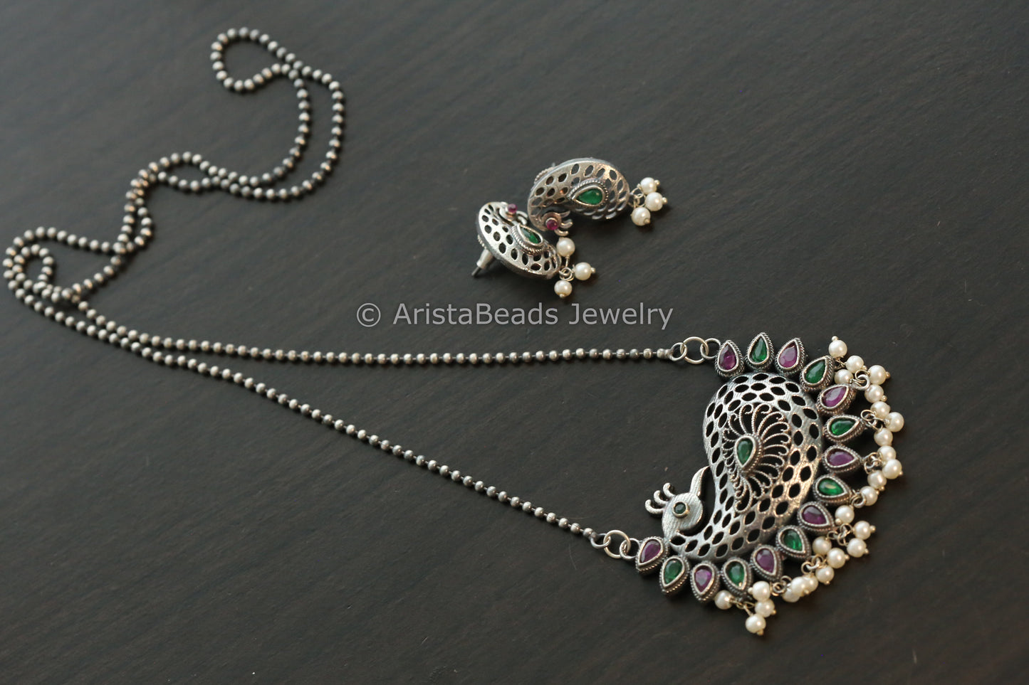 Oxidized Peacock Necklace Set - Red Green