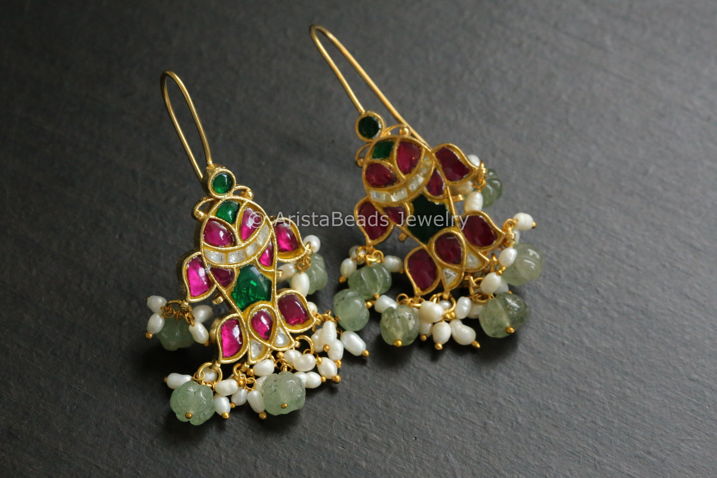 Silver Look Alike Kundan Earrings With Rice Pearls - Green Ruby