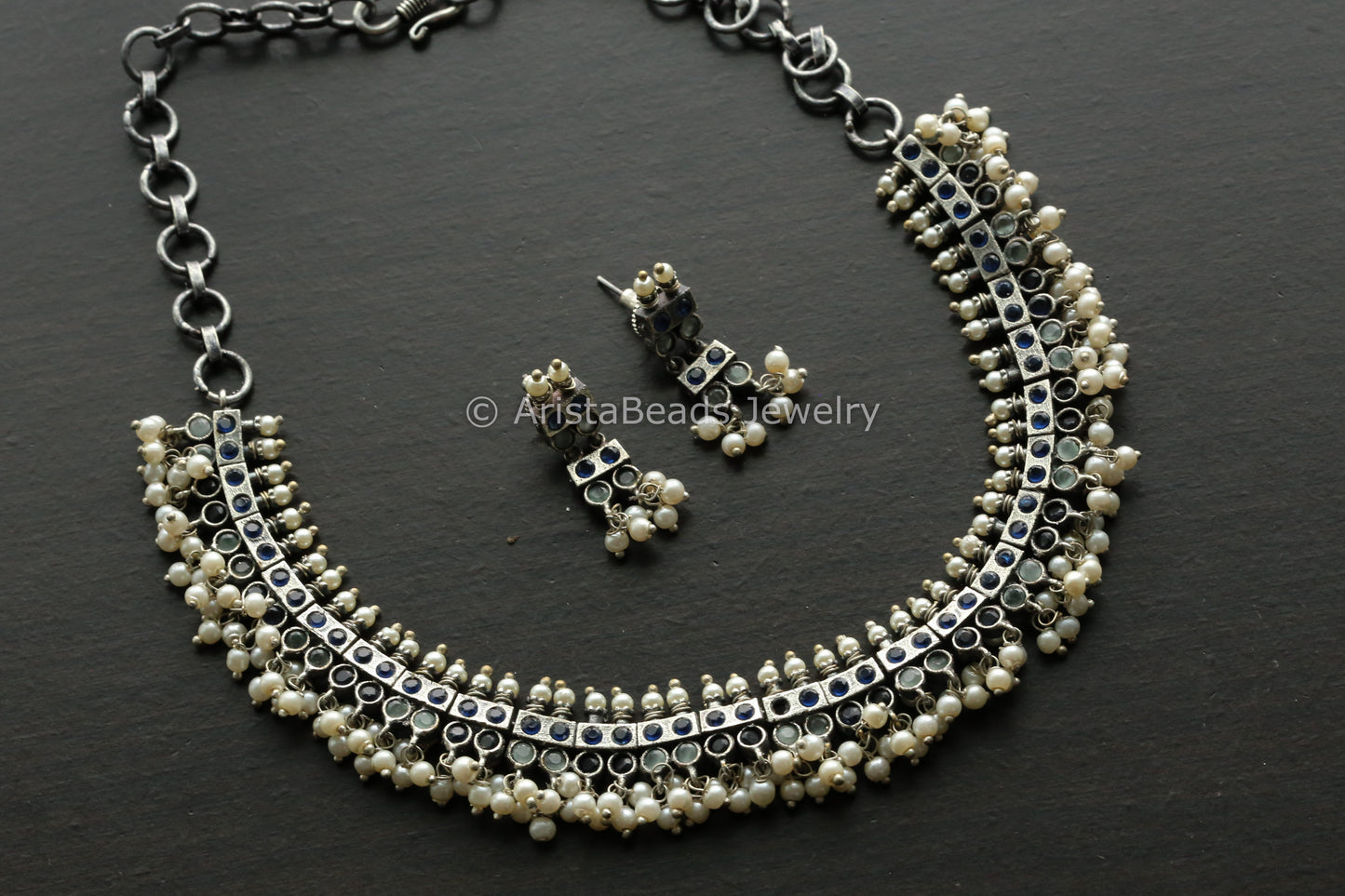 Mint & Blue CZ With Pearls Oxidized Necklace Set
