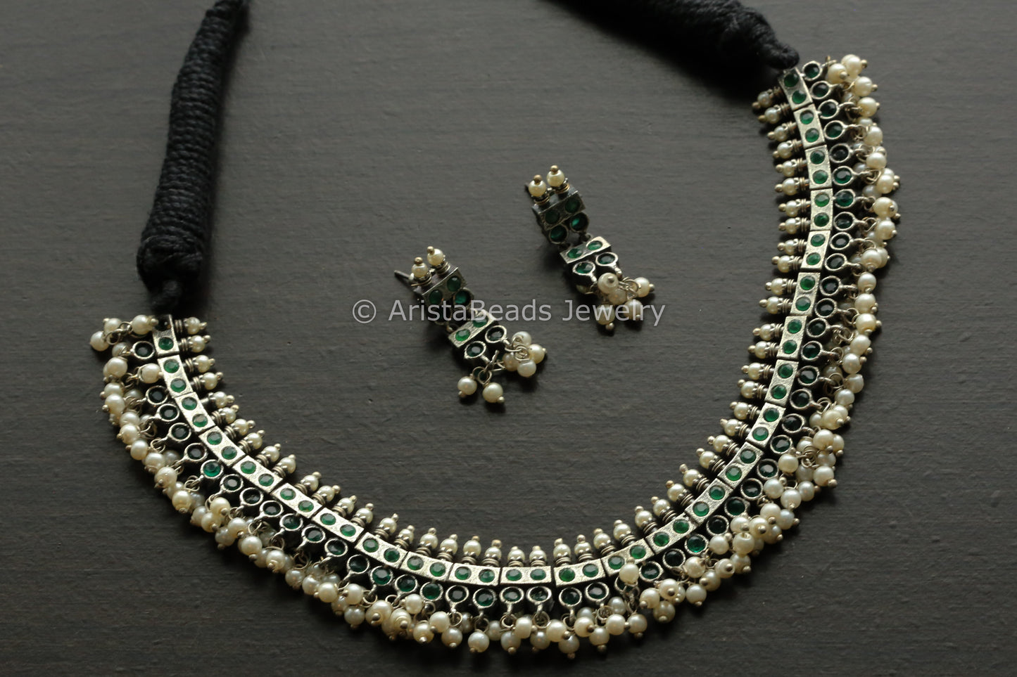 Green CZ & Pearls Oxidized Necklace Set