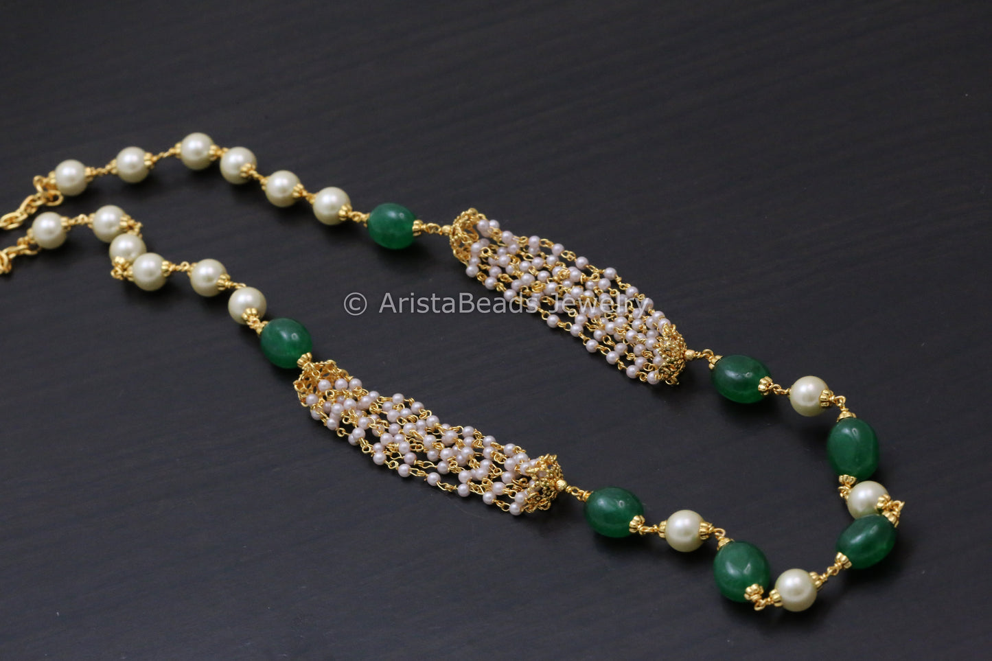 Emerald Color Beads & Pearl Necklace