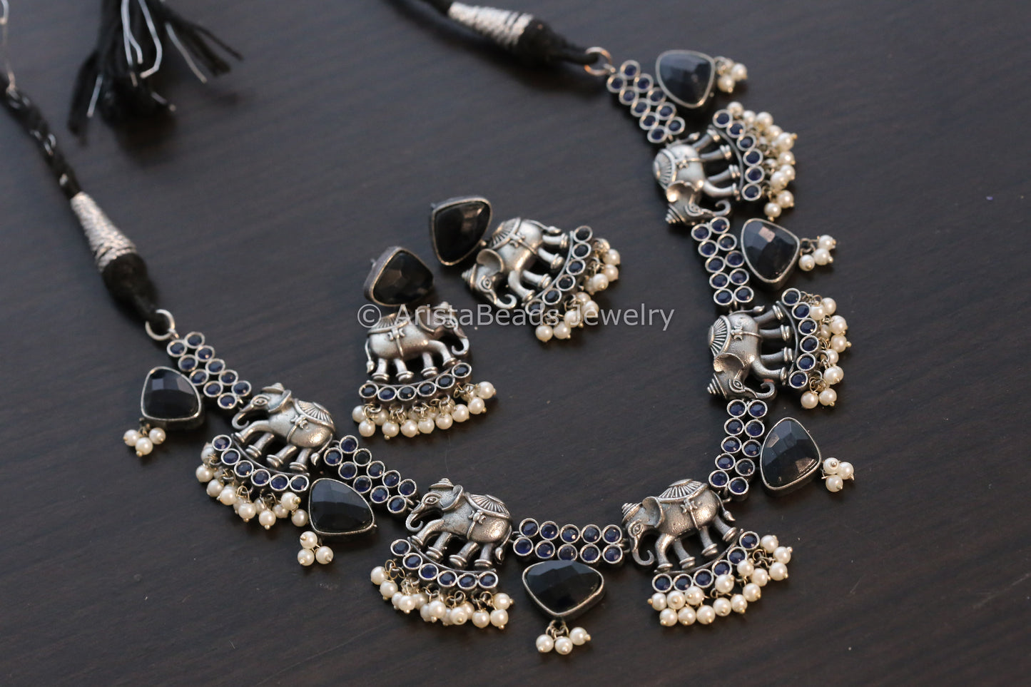 Oxidized Elephant Necklace - Blue