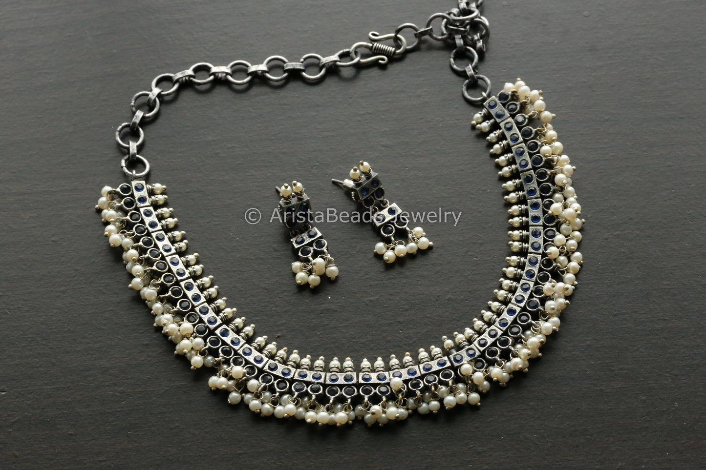 Blue CZ & Pearls Oxidized Necklace Set