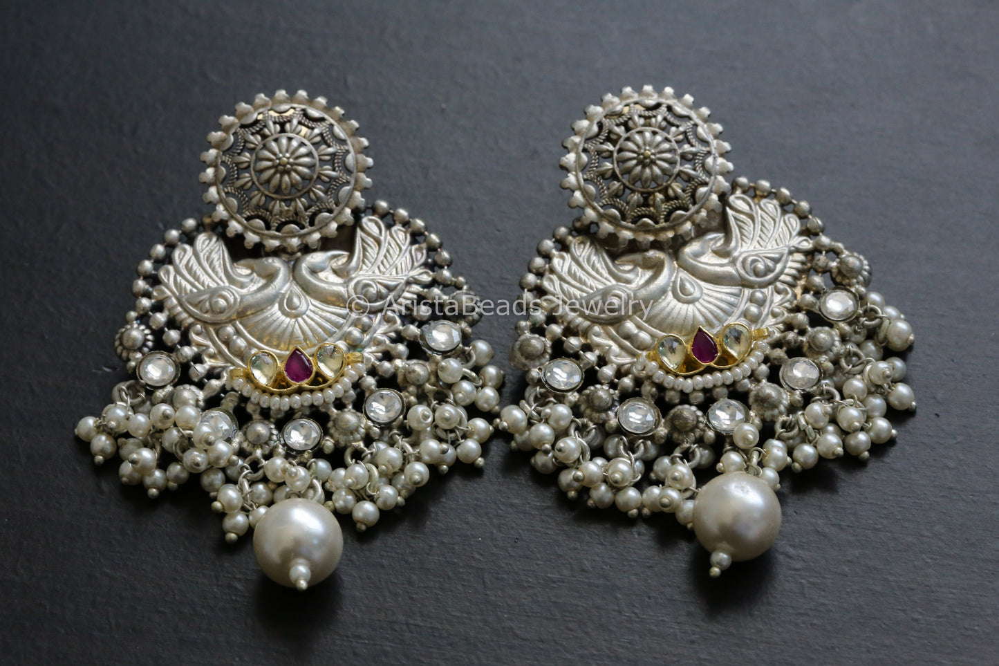 Silver Replica Pachi Kundan Designer Earrings - Ruby