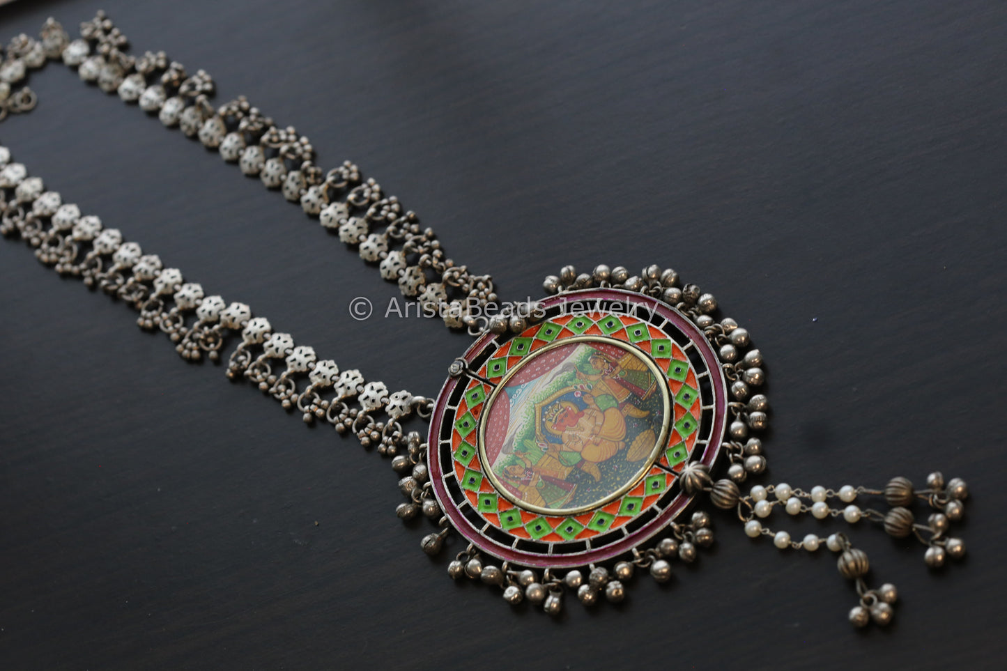 Oxidized Hand-Painted Enamel Necklace - Red
