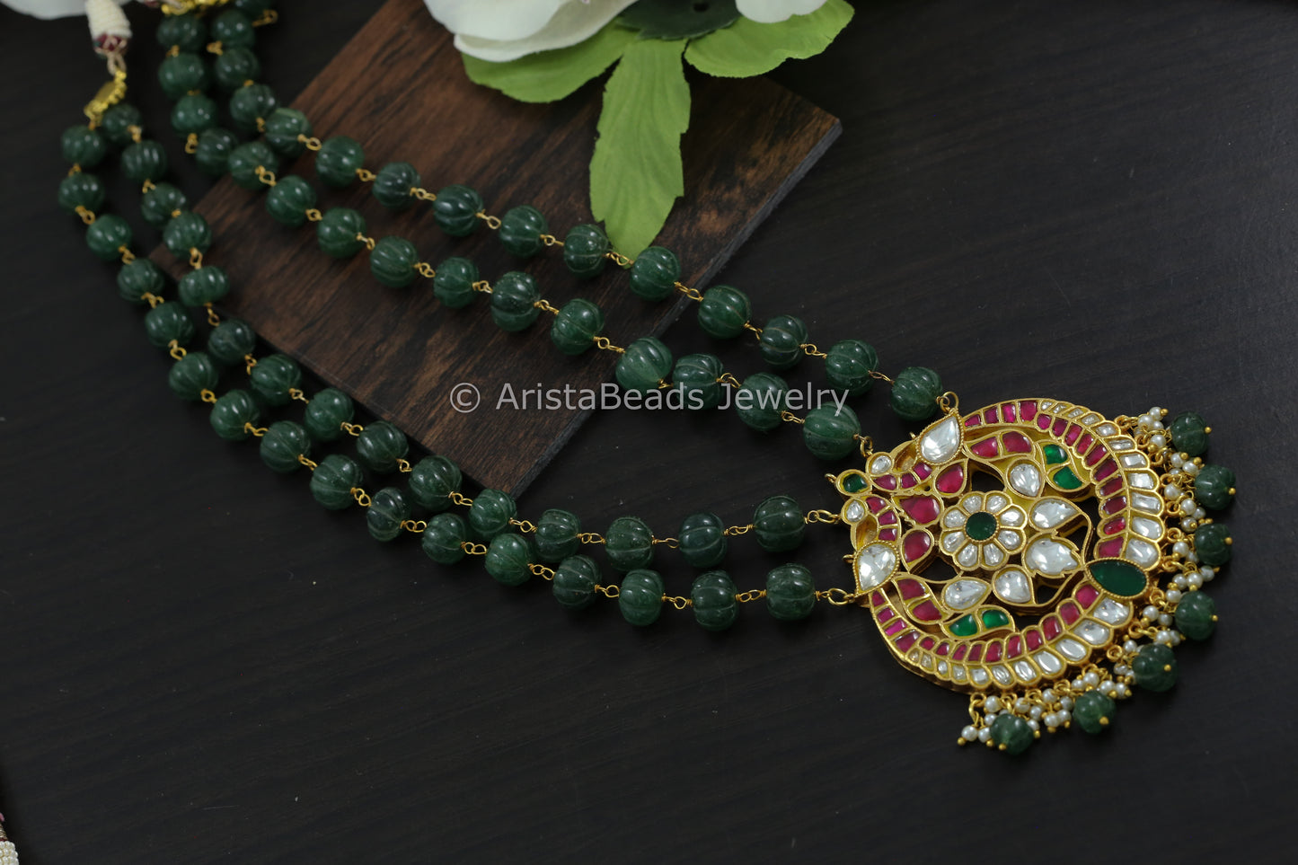 Jadau Kundan Necklace In Real Strawberry Quartz Beads
