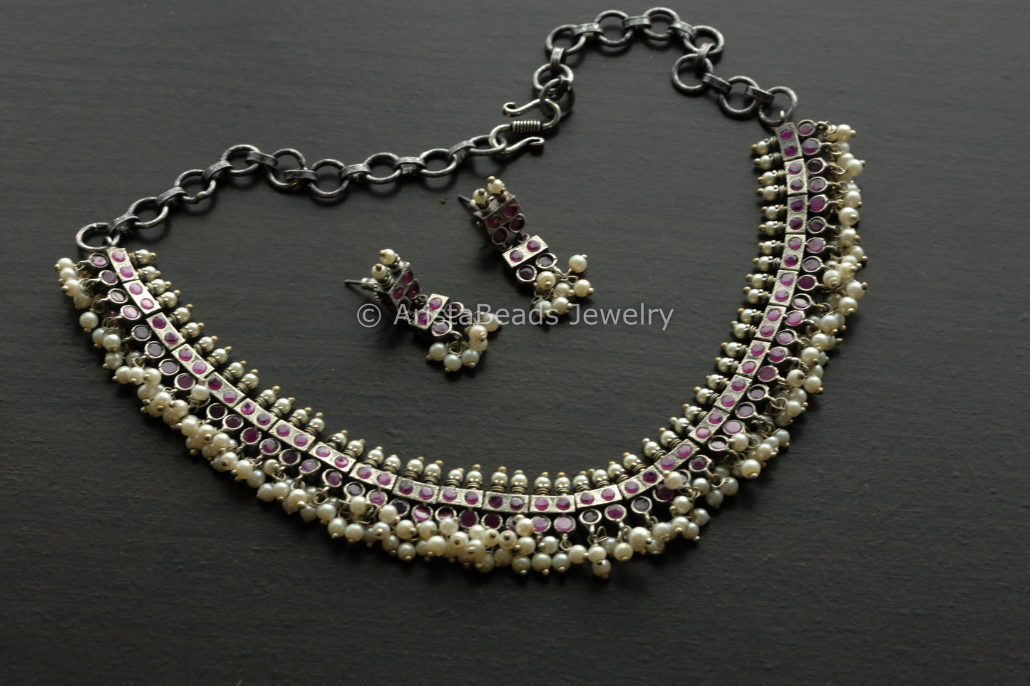 Ruby CZ With Pearls Oxidized Necklace Set
