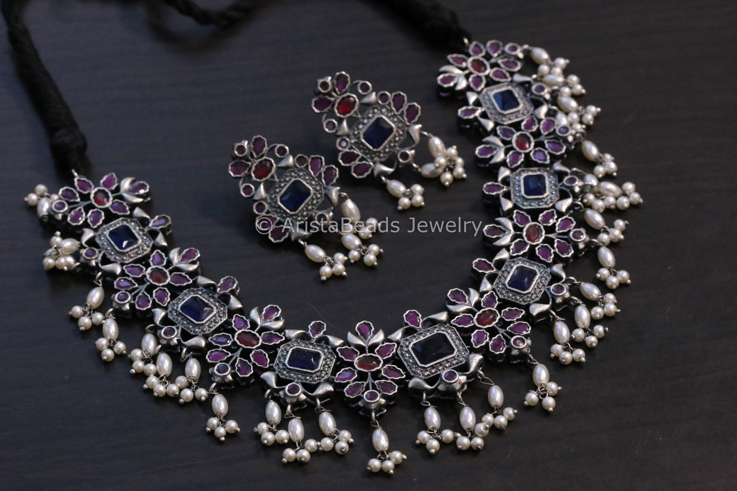 Silver Look Alike Blue Ruby Necklace Set