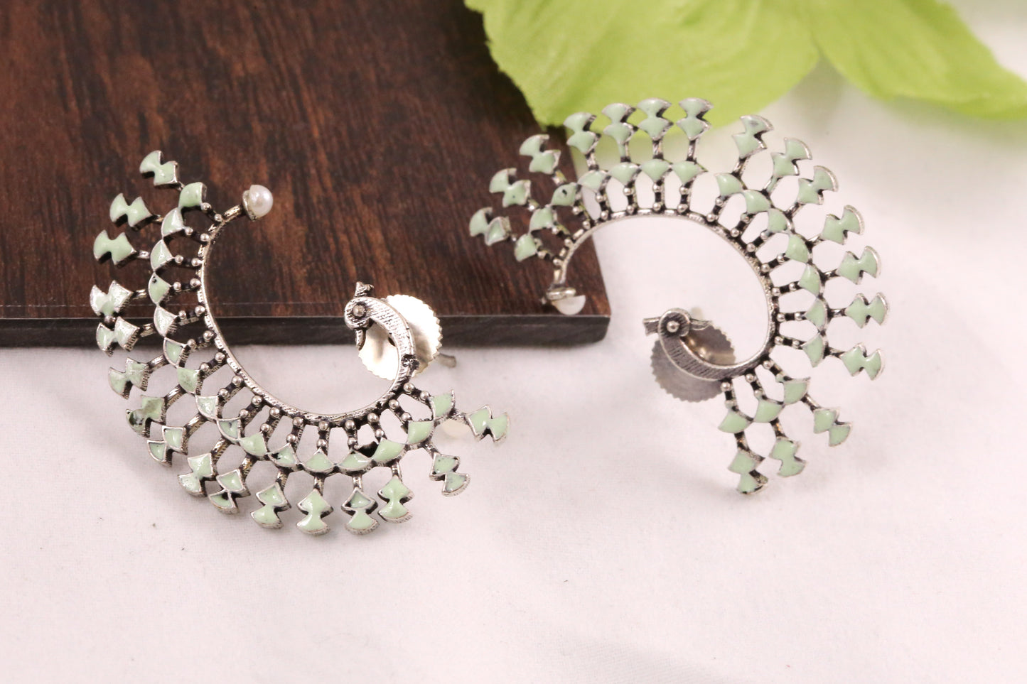 Peacock Enamel Earrings -Mint