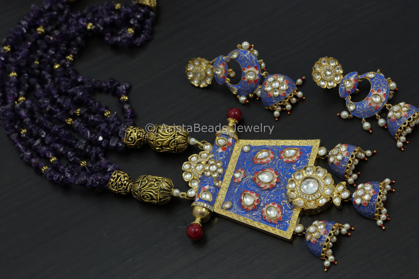 Polki Kundan & Glazed Enamel Amethyst  Necklace Set