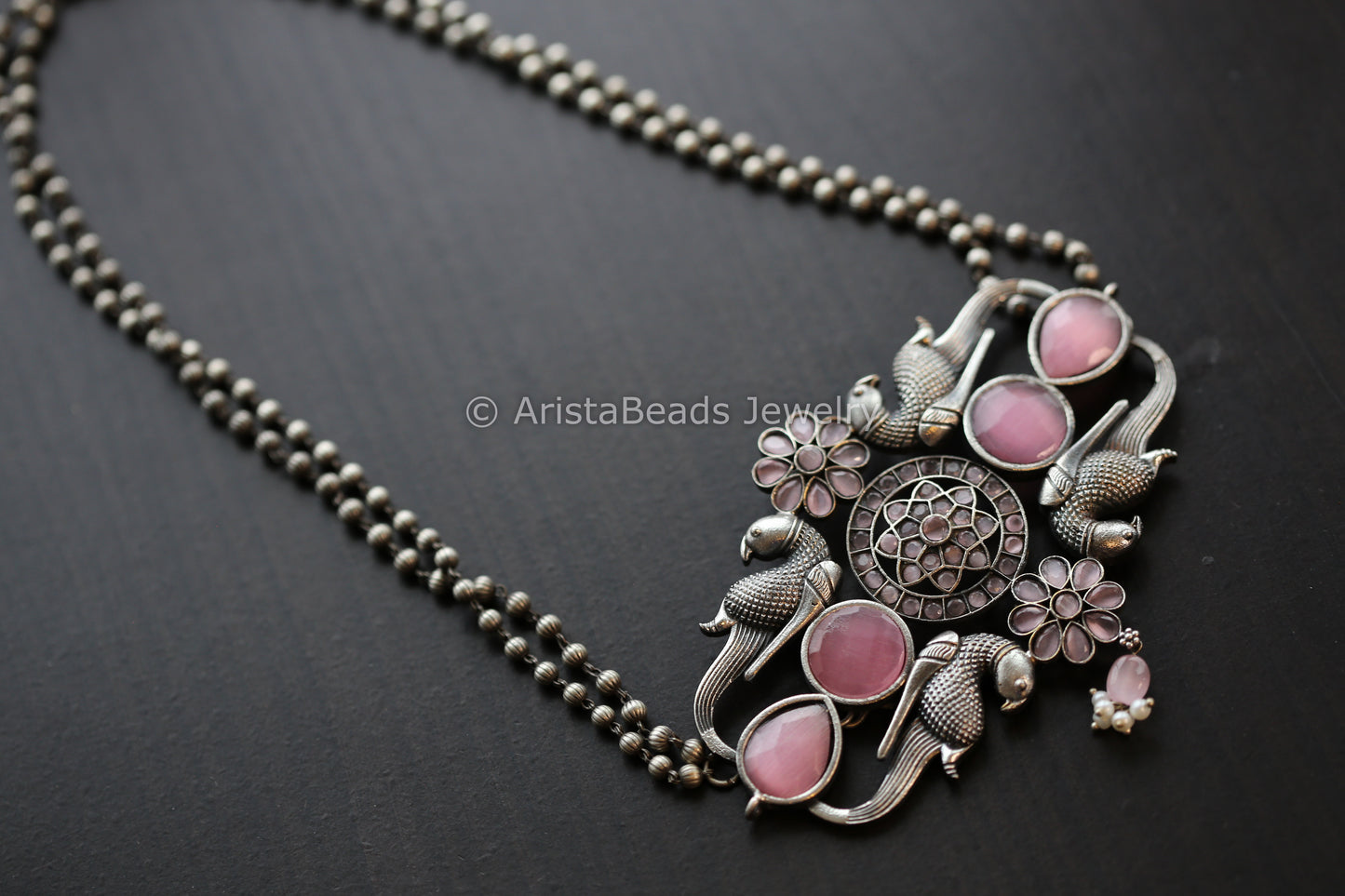 Peacock Silver Replica Necklace - Blush Pink