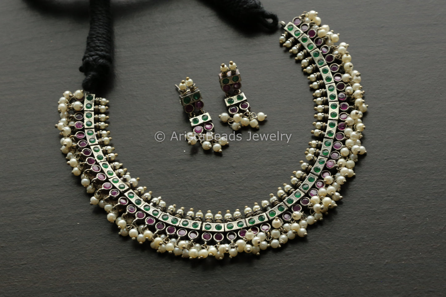Ruby Green CZ & Pearls Oxidized Necklace Set