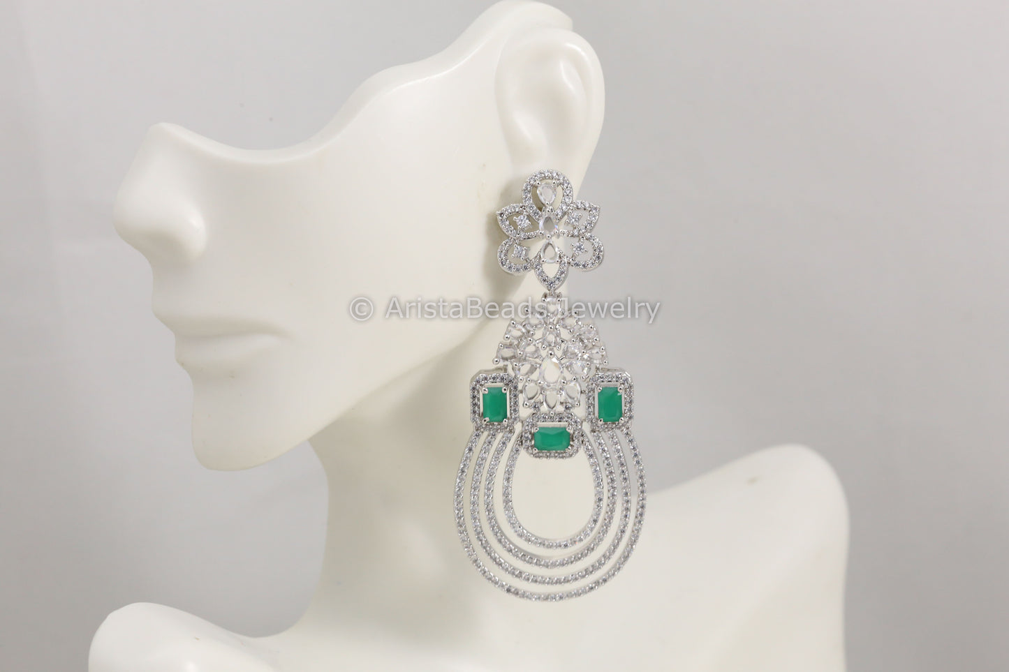 Contemporary Silver Finish Emerald Chandbaali