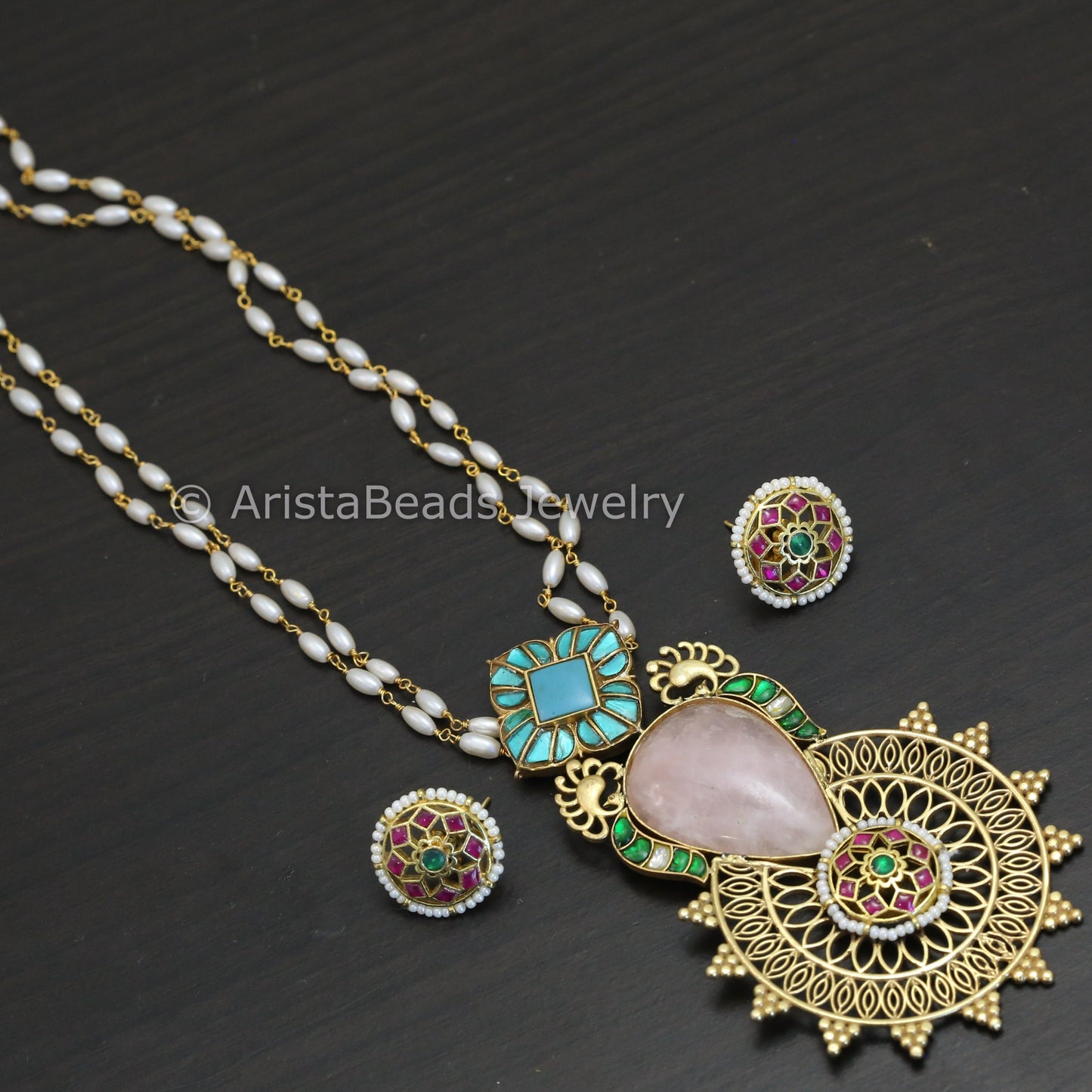 Fusion Kundan Rose Quartz Necklace Set