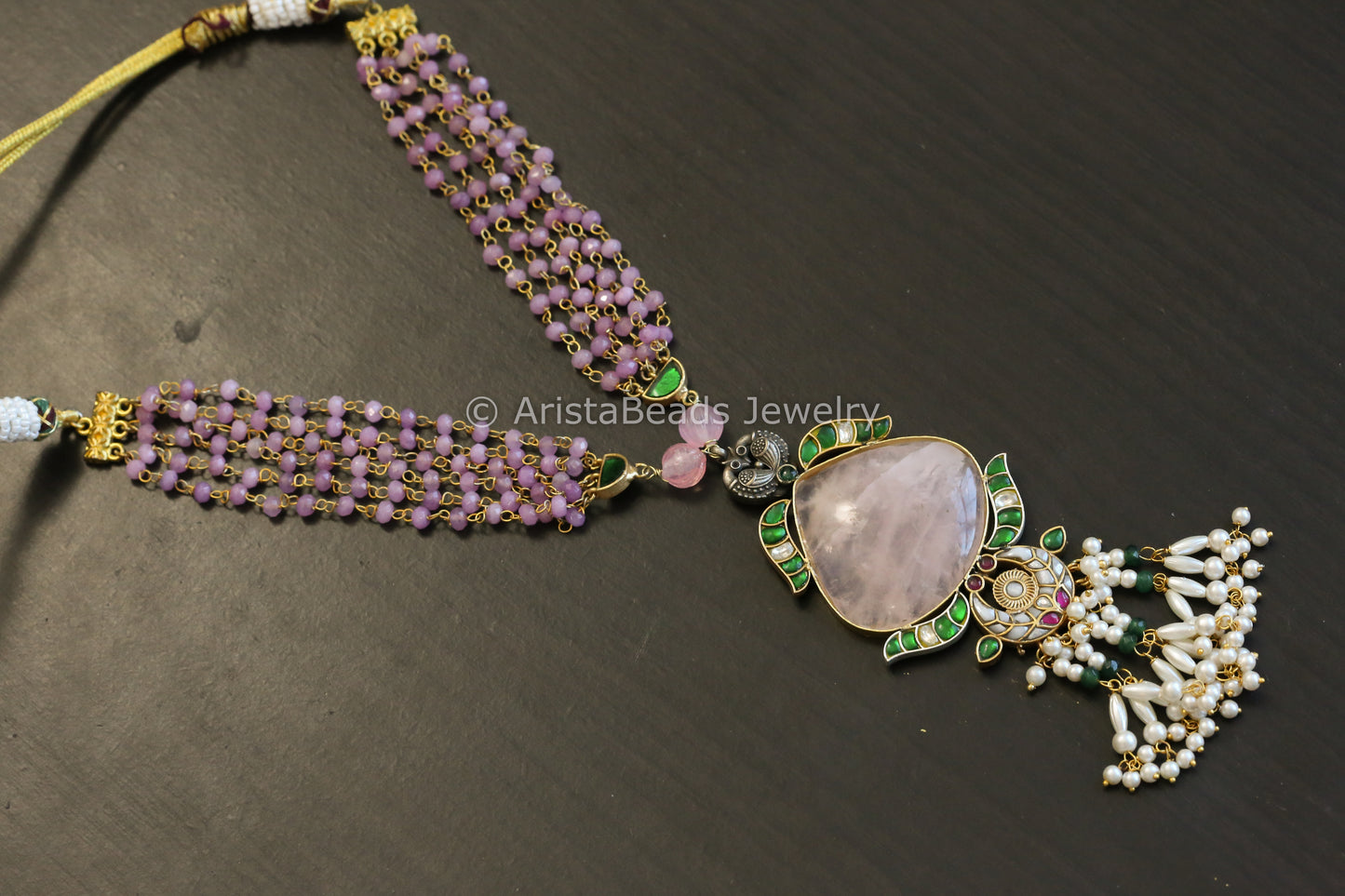 Dual Tone Jadau Kundan & Rose Quartz Beaded Necklace