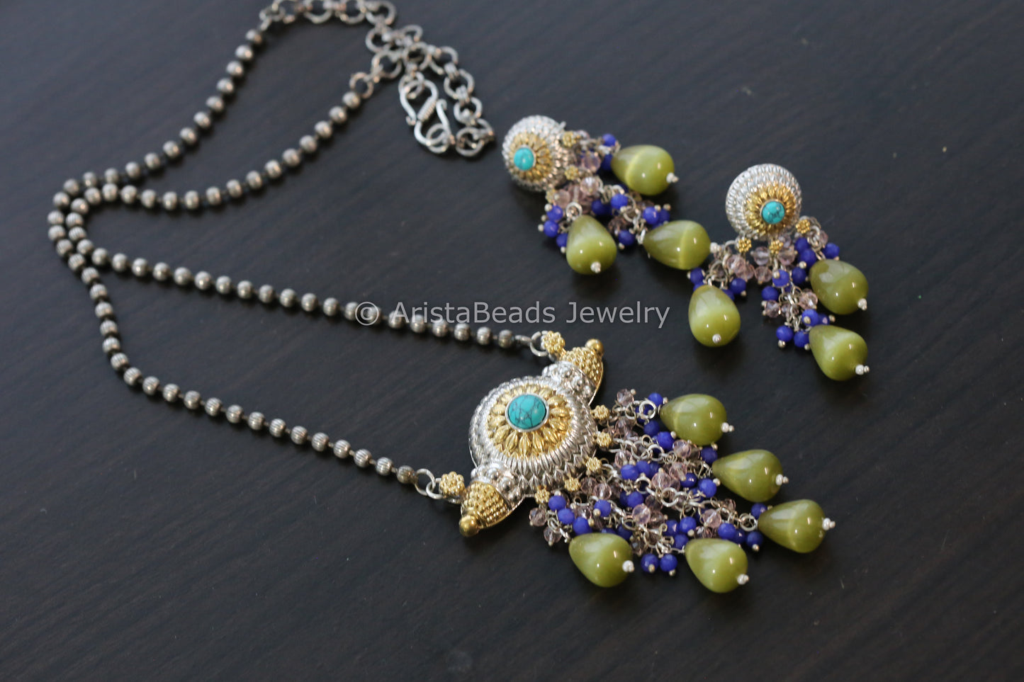 Dual Tone Beaded Necklace Set -Mehndi Green