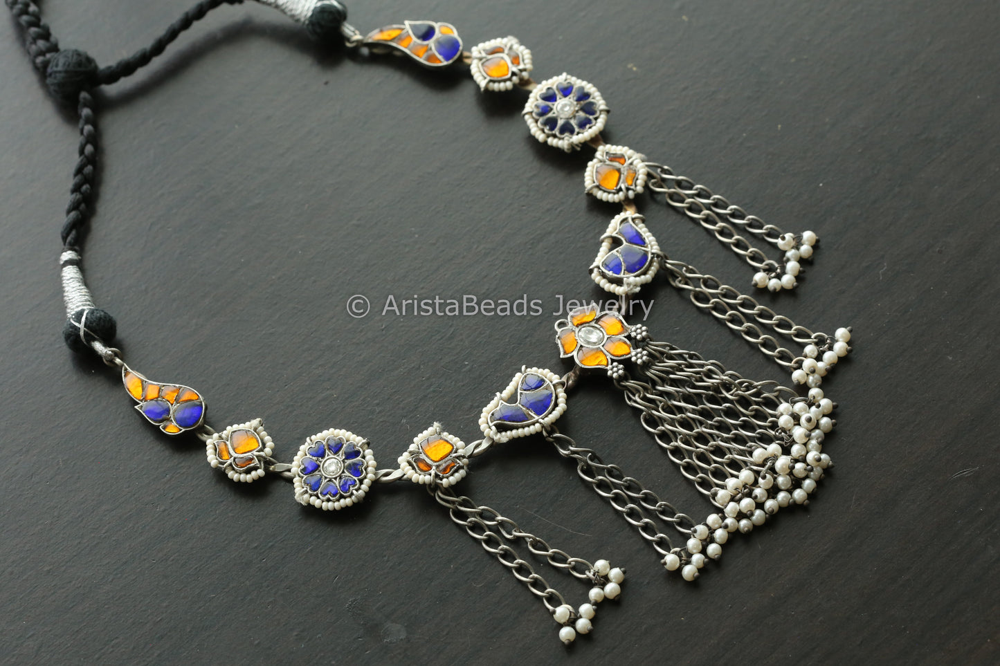 Fusion Kundan Hasli Tassel Necklace - Blue Yellow