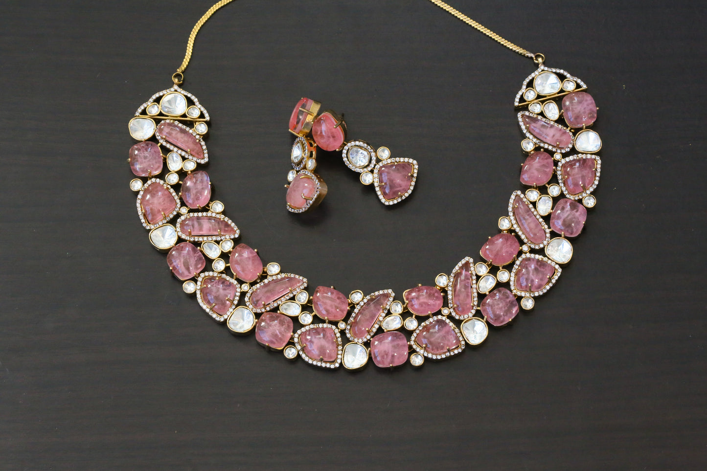 Pink Doublet & Moissanite Look Polki Necklace Set