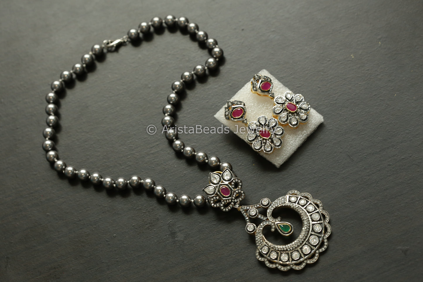 Antique Victorian Uncut Polki Necklace Set - Ruby