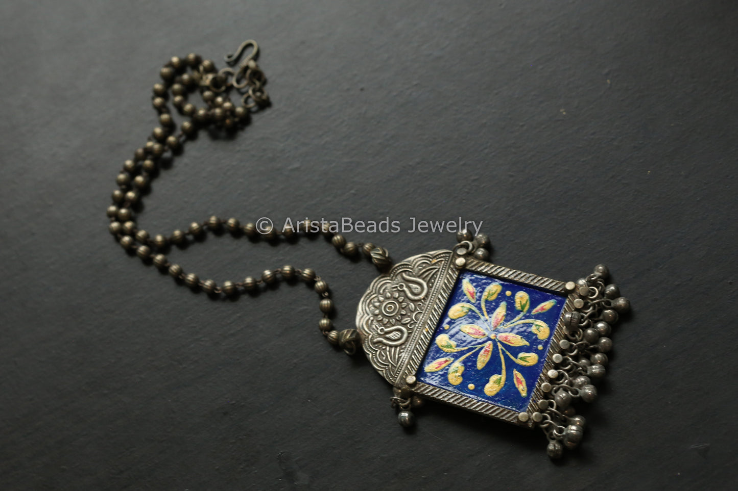 Hand Enameled Silver Look Necklace - Dark Blue