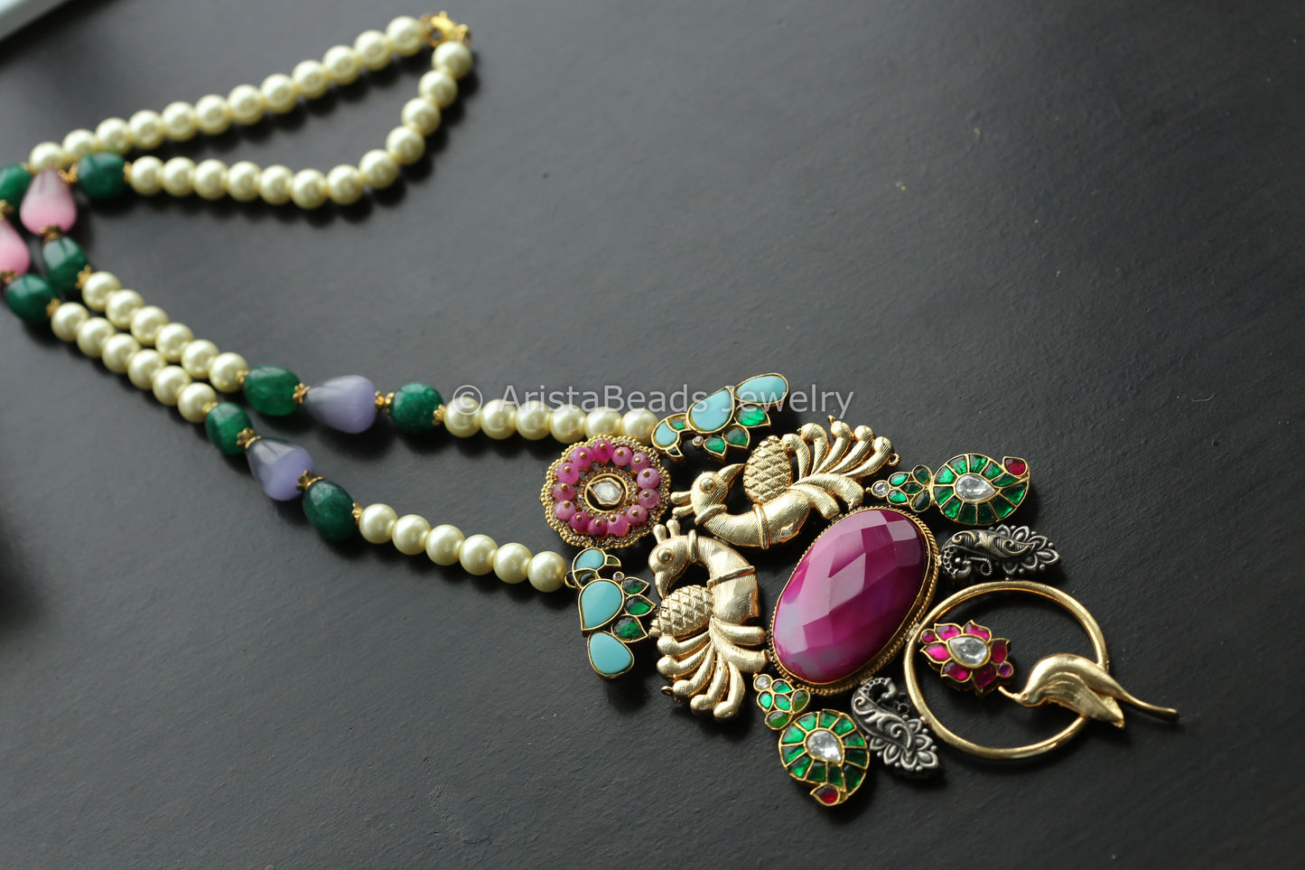 Fusion Jadau Necklace -Pink Agate Stone