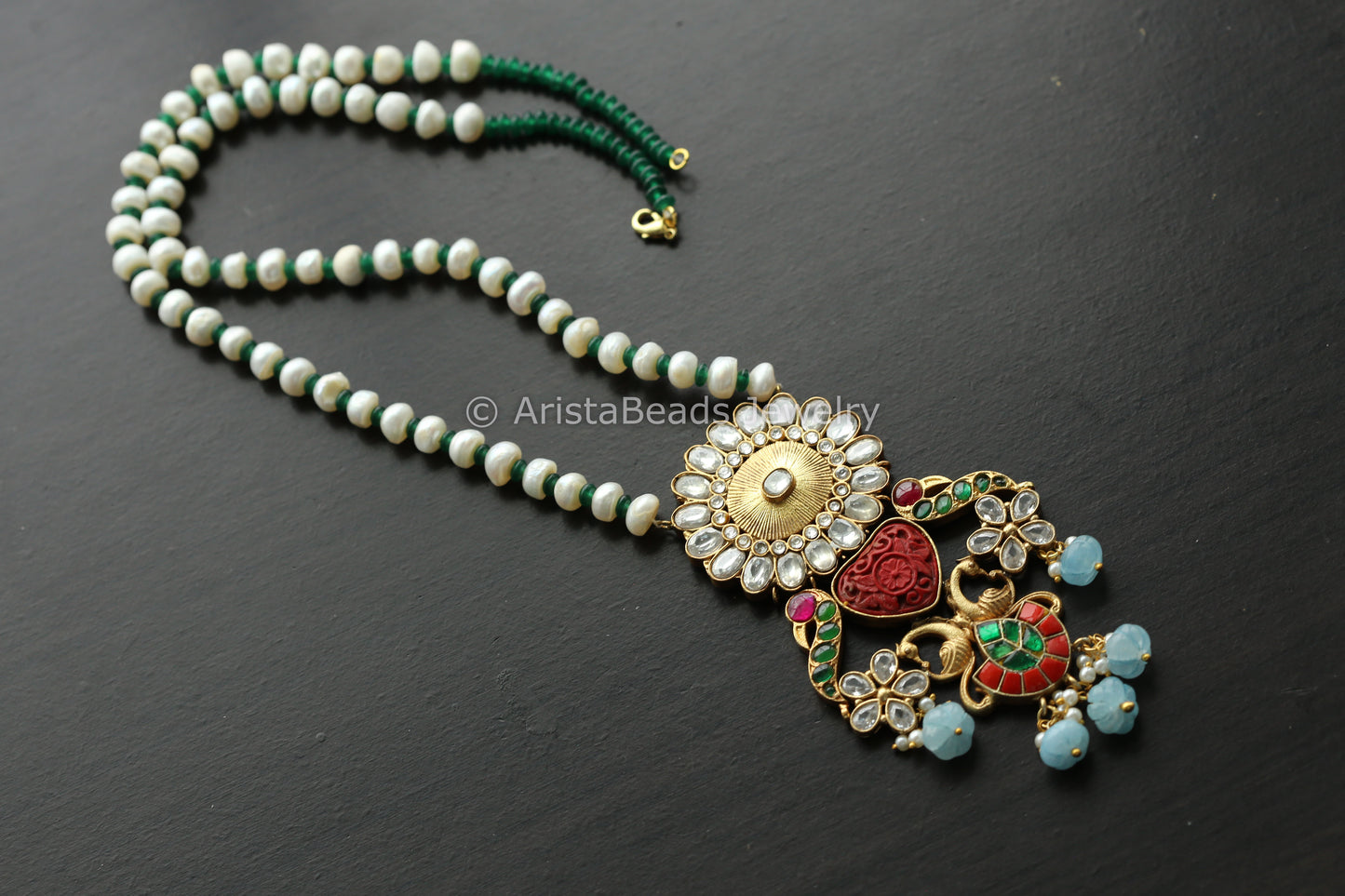 Fusion Real Pearls Jadau Necklace -Carved Stone