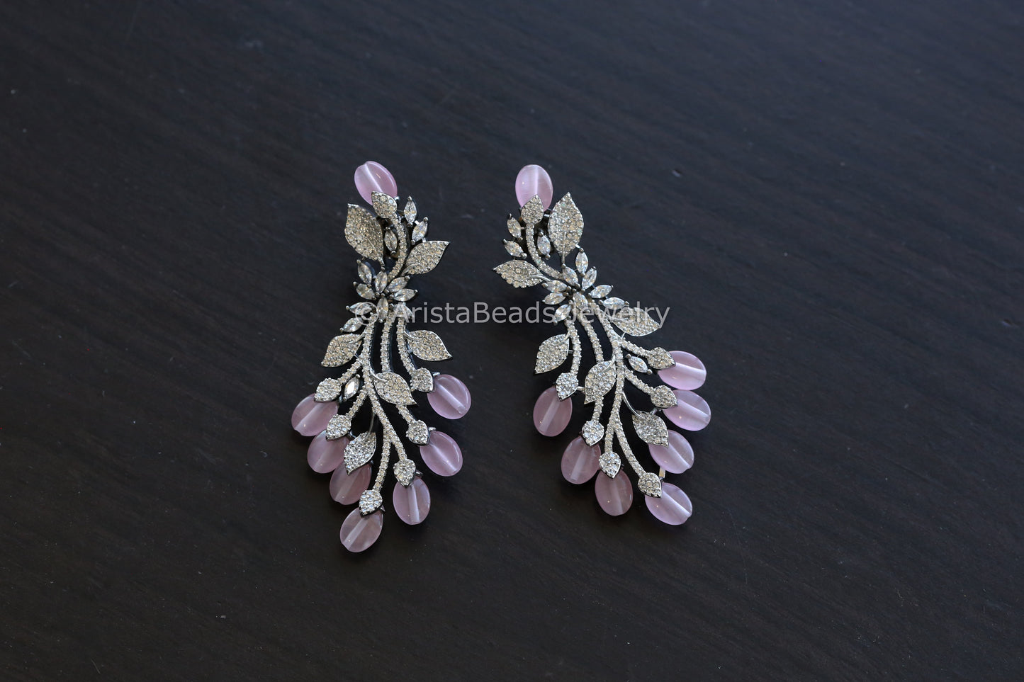 Contemporary CZ Silver Finish Earrings- Pink
