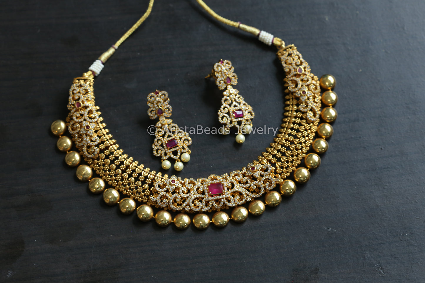 Antique Gold Naksi CZ Stone Necklace Set - Ruby