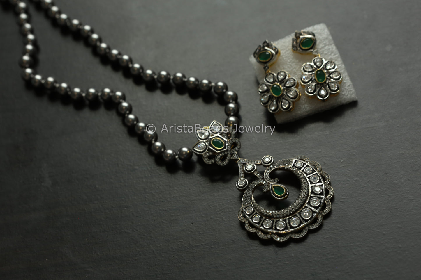 Antique Victorian Uncut Polki Necklace Set - Green