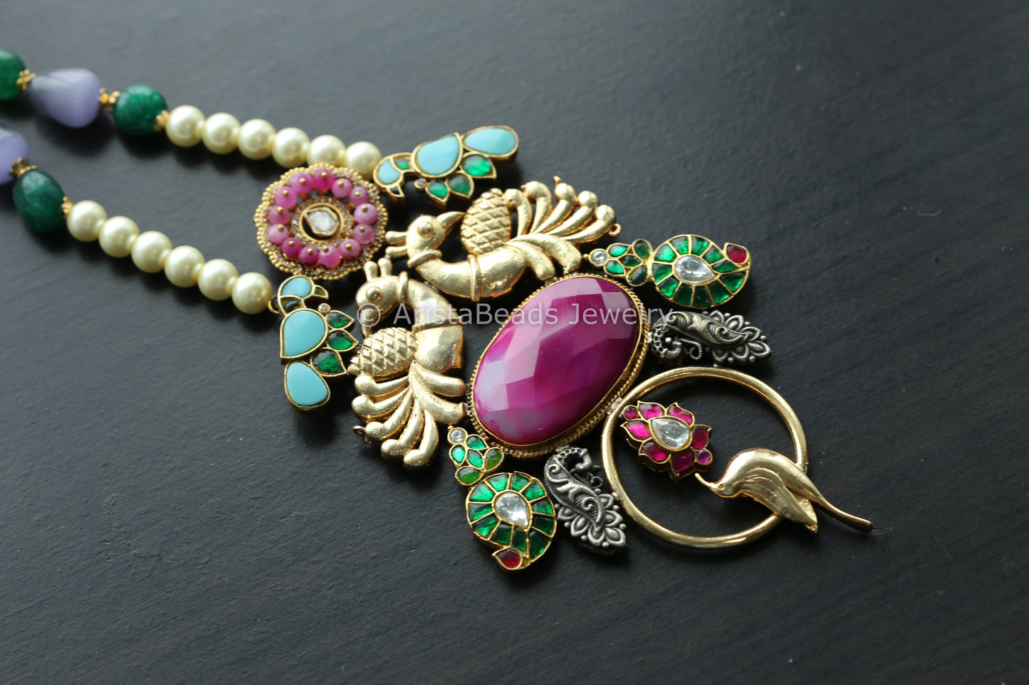 Fusion Jadau Necklace -Pink Agate Stone