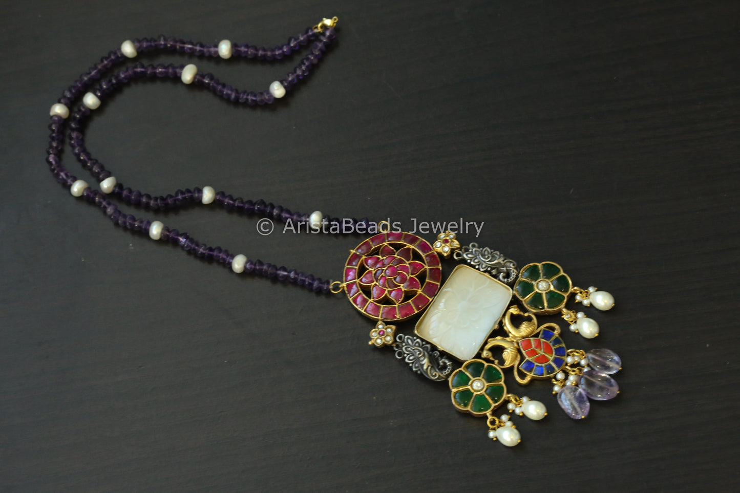 Jadau Kundan Fusion Necklace In Real Pearls & Amethyst Mala