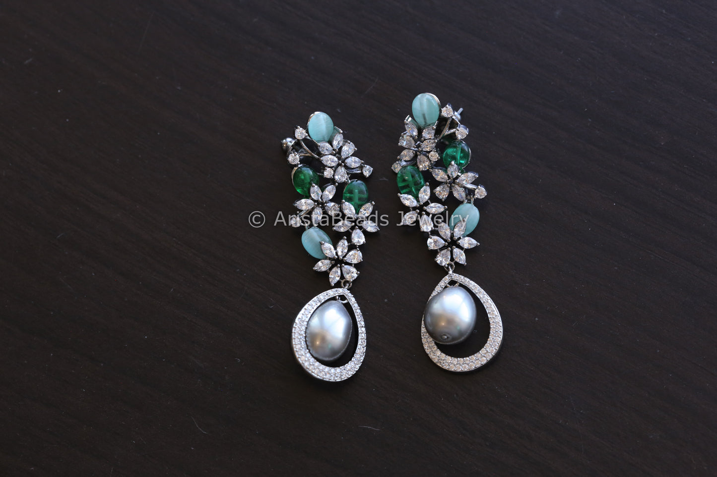 Contemporary CZ & Real Pearl Earrings- Green