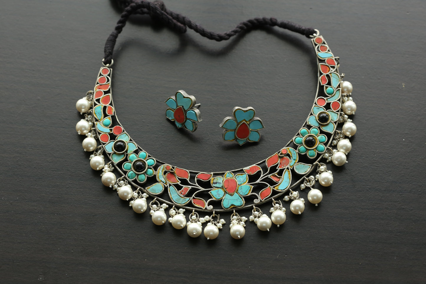 Silver Finish Jadau Kundan Hasli Necklace Set - Coral Turquoise