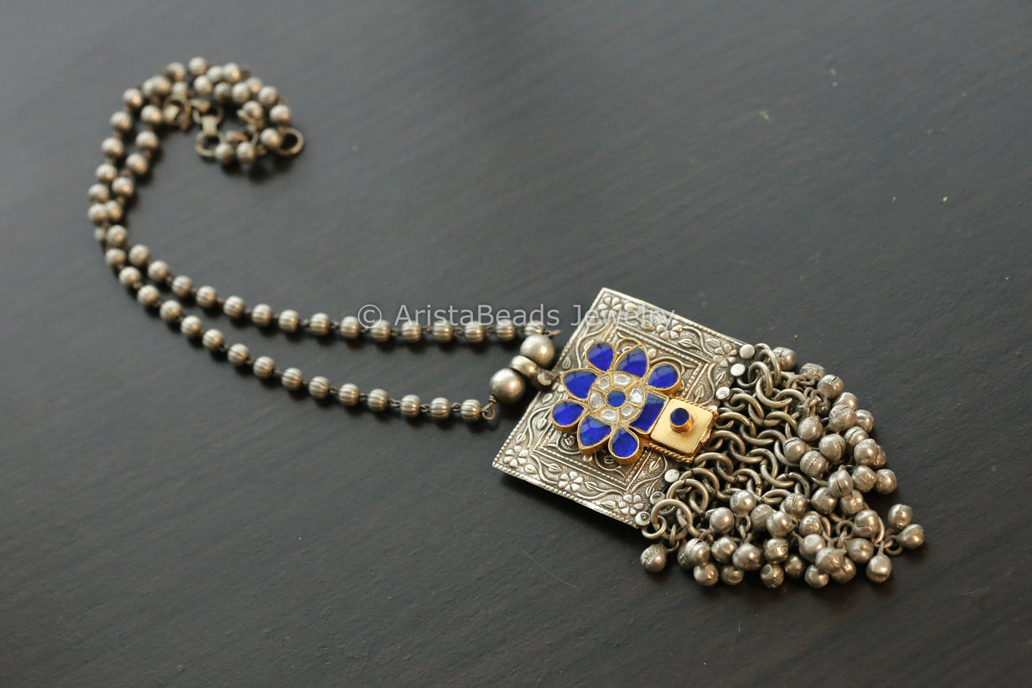 Kundan Fusion Ghungroo Pendant Chain Necklace - Blue