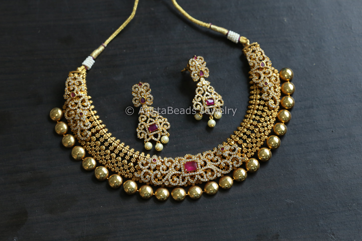 Antique Gold Naksi CZ Stone Necklace Set - Ruby