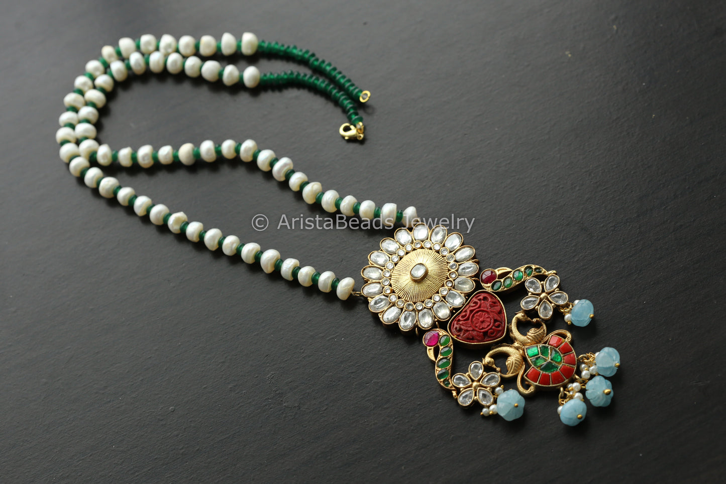 Fusion Real Pearls Jadau Necklace -Carved Stone