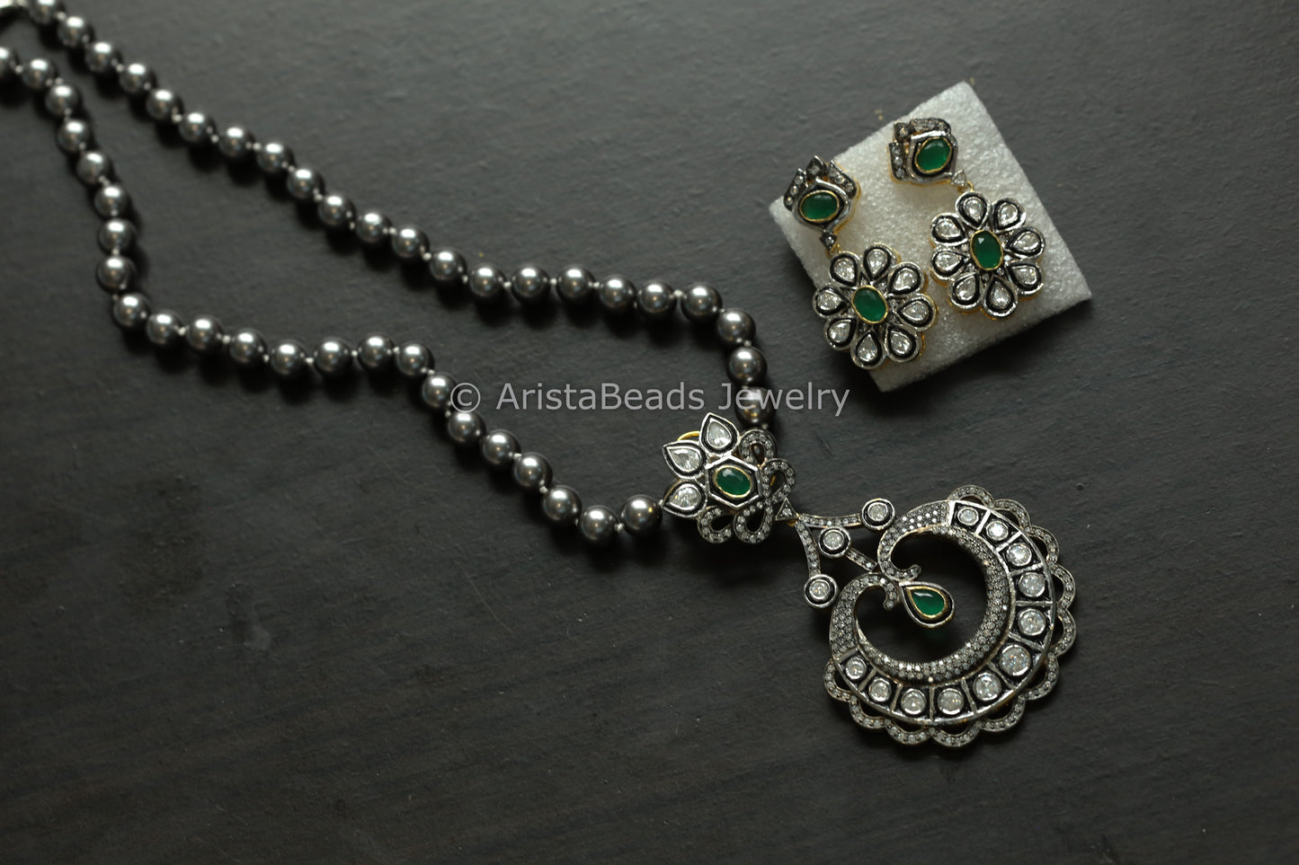 Antique Victorian Uncut Polki Necklace Set - Green