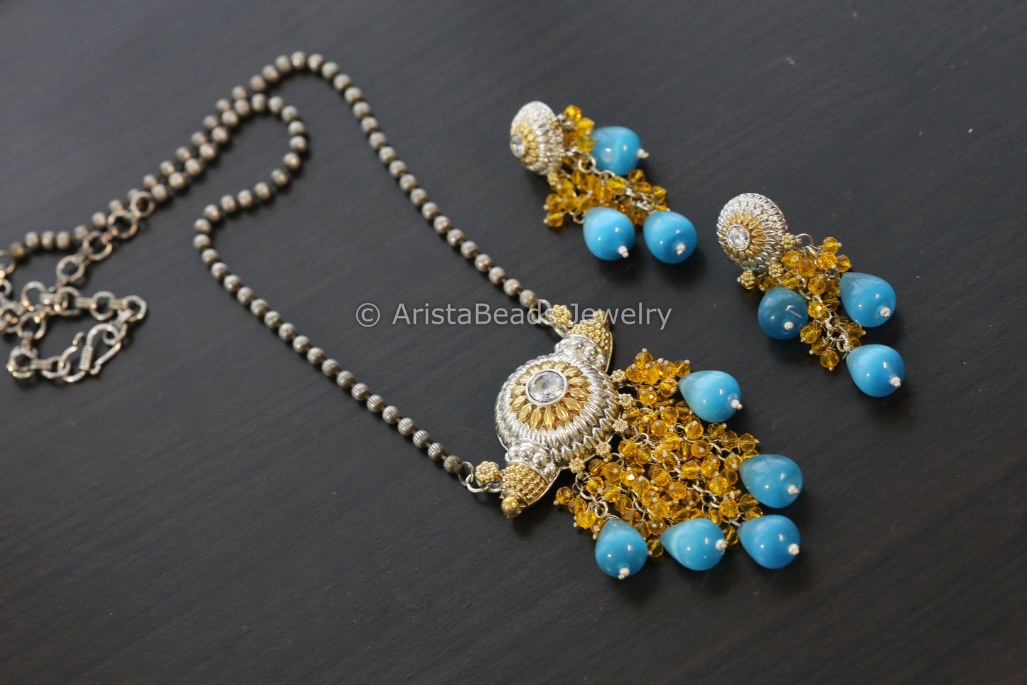 Dual Tone Beaded Necklace Set - Yellow Blue