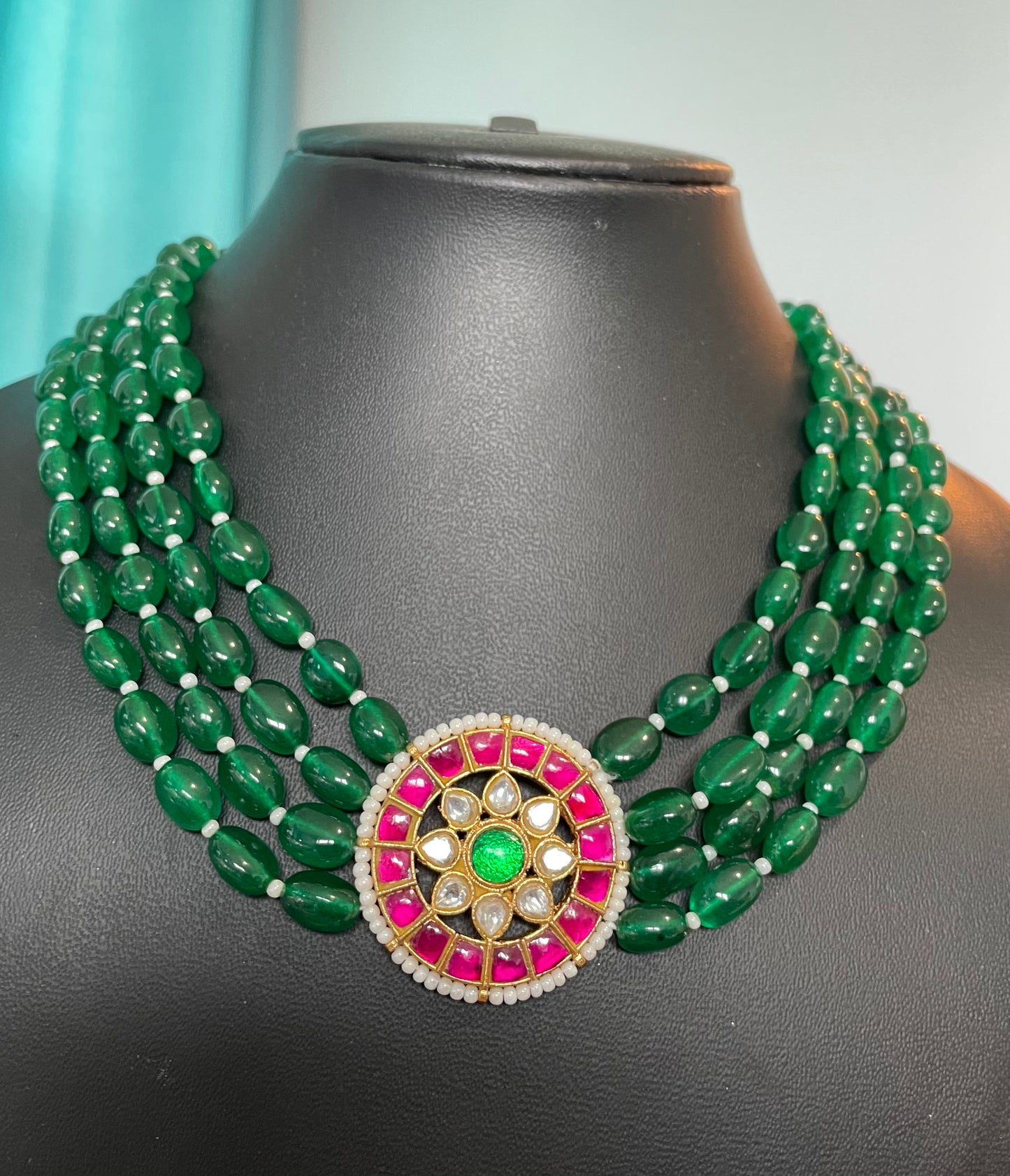 Jadau Kundan Green Jade 4 Line Necklace